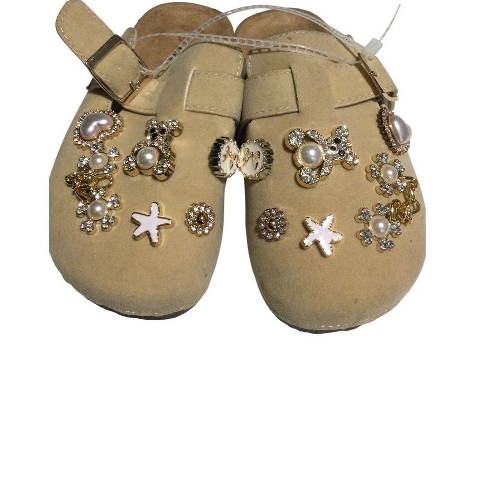 Shoes Link Girls Embellished ClogsBeige Pearl TeddyBear Rhinestone Mules Size 11